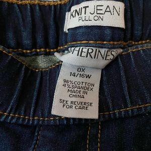 Knit denim jeans. Never worn. Pull-on. Accent stitching